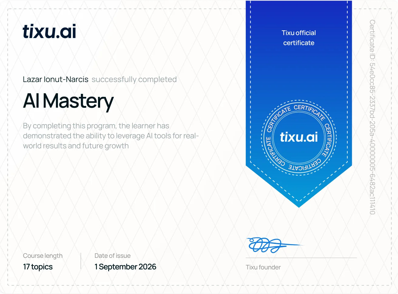 Certificato AI Mastery, tixu.ai