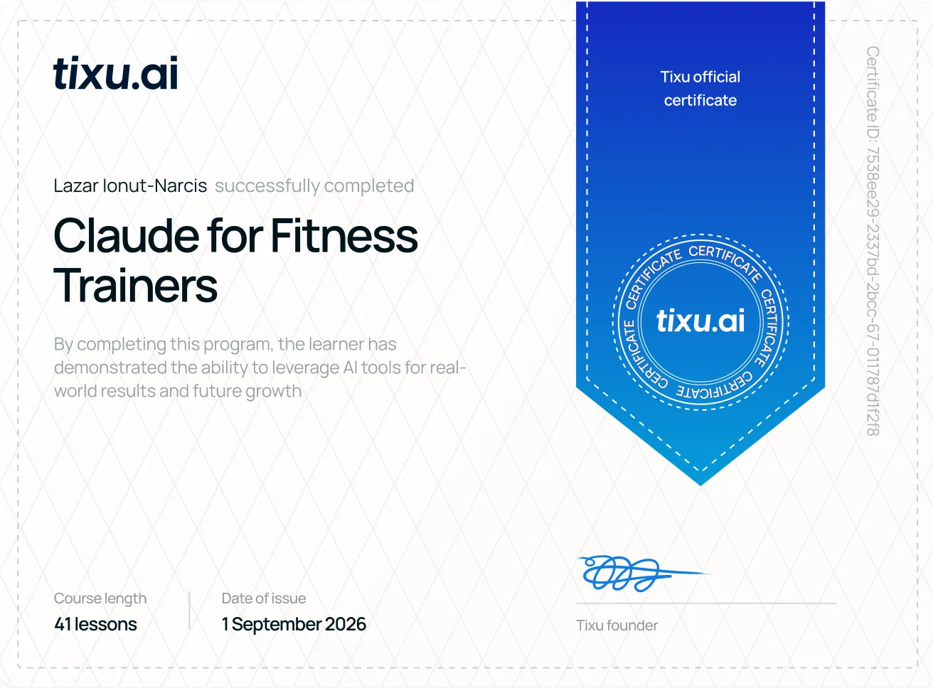 Certificato Claude for Fitness Trainers, tixu.ai