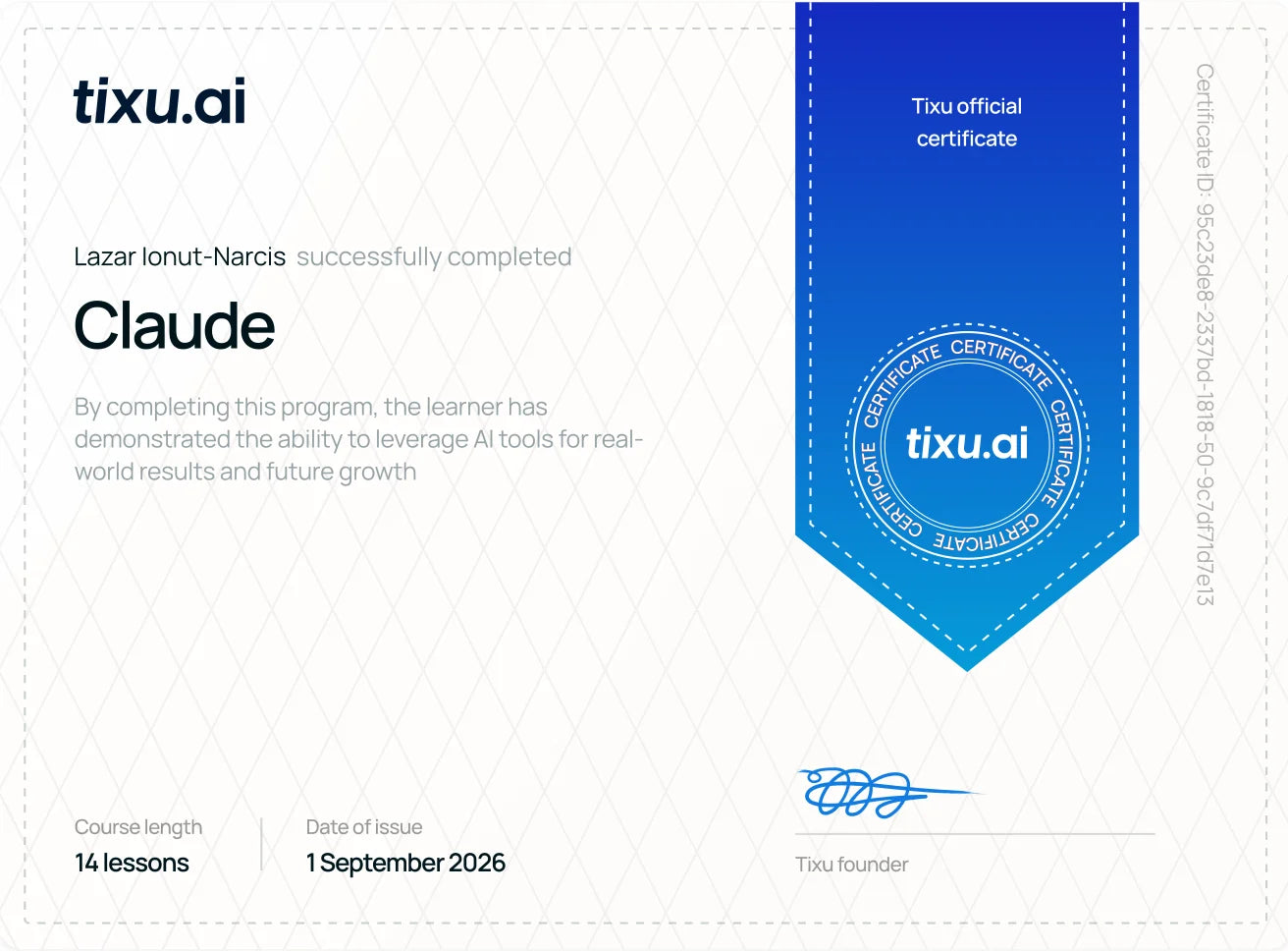 Certificato Claude, tixu.ai