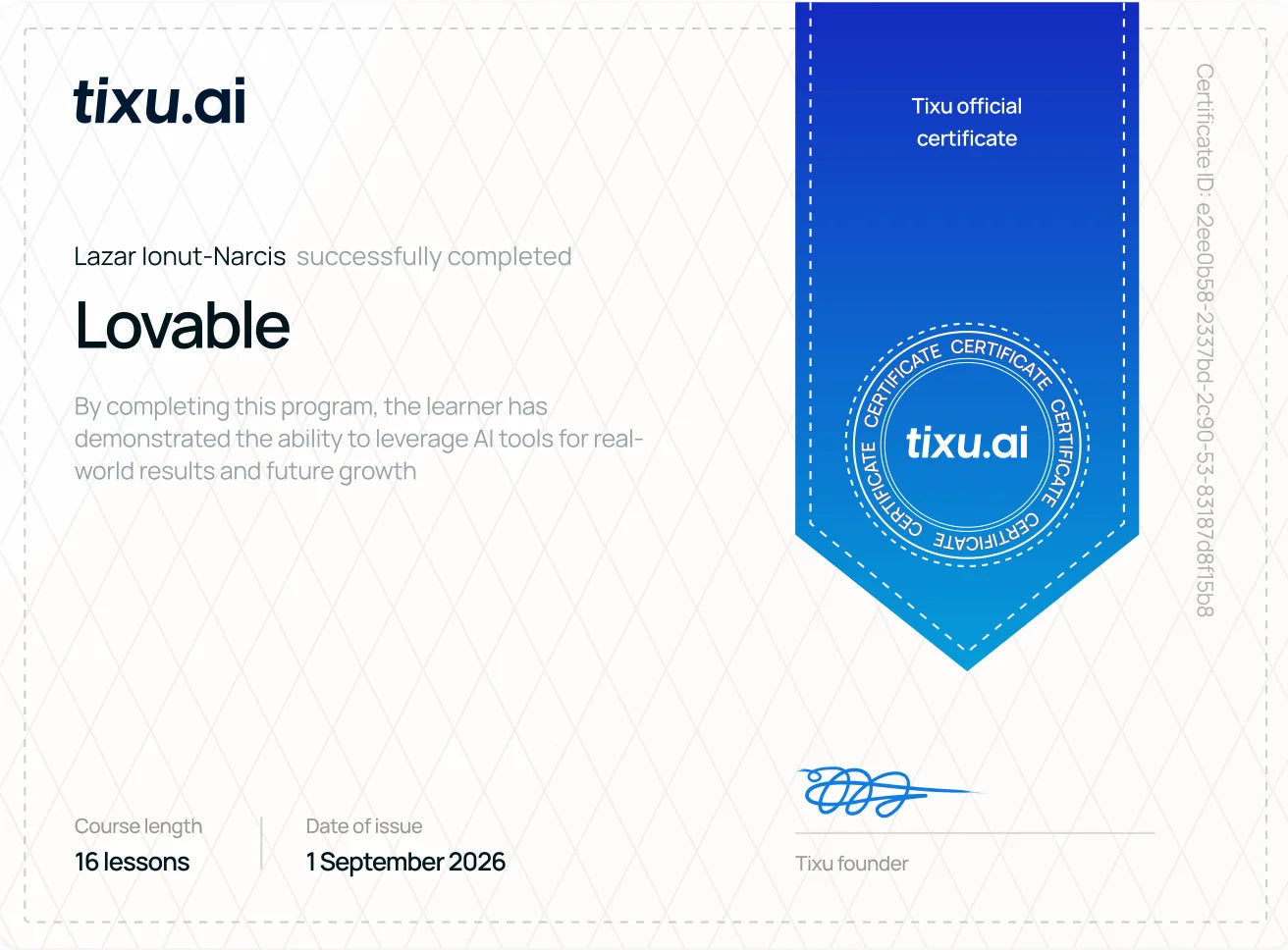 Certificato Lovable, tixu.ai