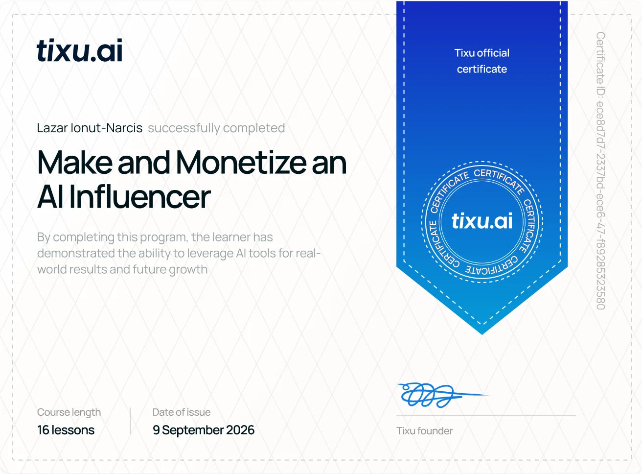 Certificato Make and Monetize an AI Influencer, tixu.ai
