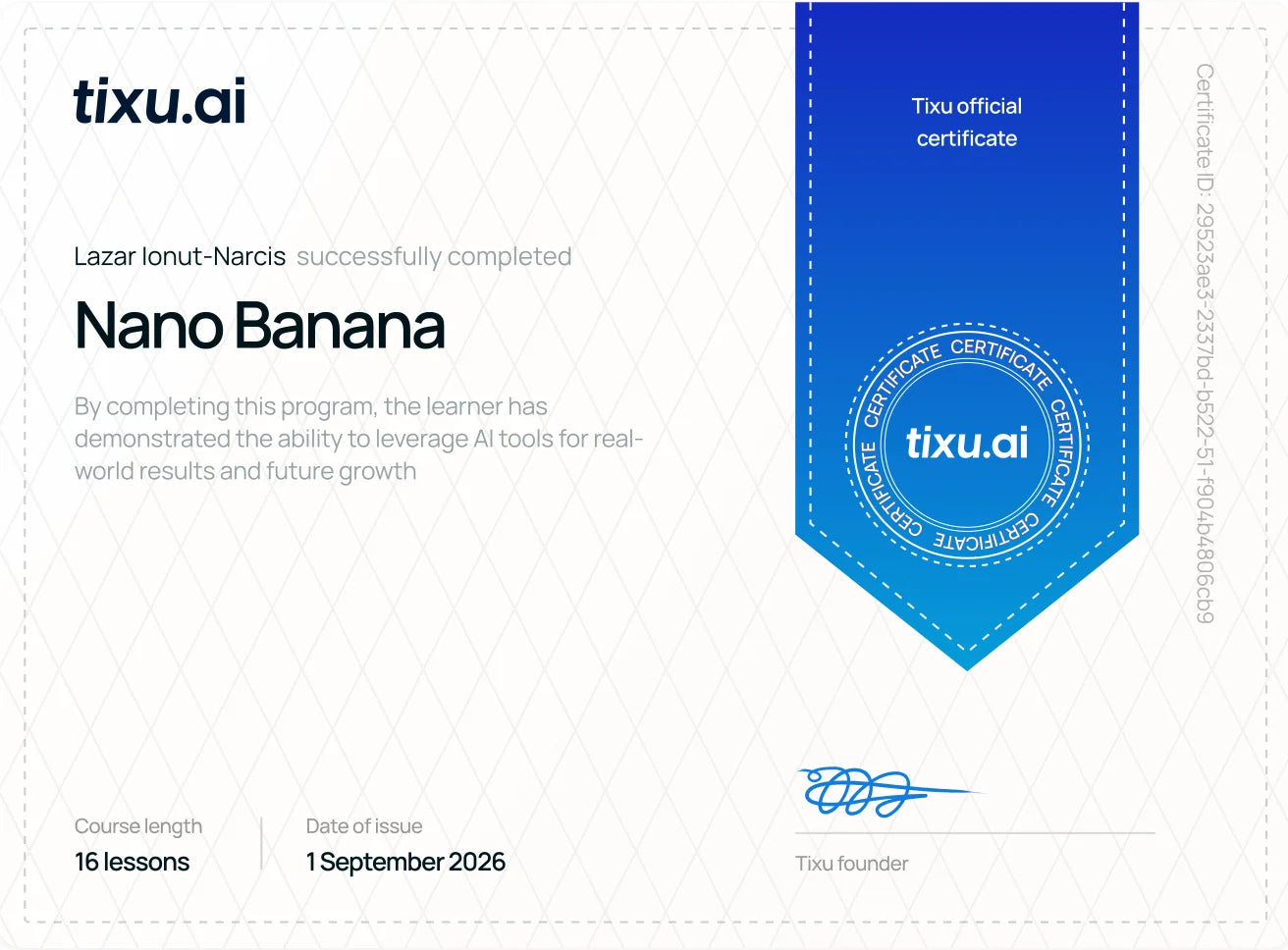 Certificato Nano Banana, tixu.ai