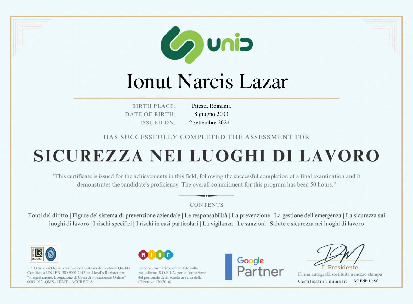 Certificato Sicurezza nei luoghi di lavoro, UniD